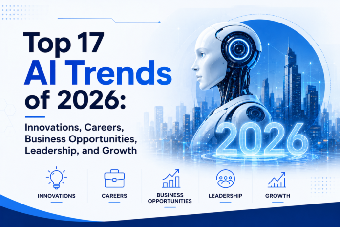 Discover the Top 17 AI Trends of 2026 that are transforming careers, future skills, leadership, and business strategy. From AI agents and personal AI assistants to AI-powered organizations, explore the technologies shaping the future of work, innovation, and business growth in the age of artificial intelligence. Top AI Trends of 2026, AI Trends 2026, Artificial Intelligence Trends, Future of AI, AI in Business, AI Automation, AI Agents, AI Assistant, Generative AI, Agentic AI, Future Skills, AI Skills, AI Careers, Future of Work, Digital Transformation, Business Transformation, AI Leadership, AI Innovation, Emerging Technologies, Technology Trends 2026, AI Strategy, Enterprise AI, AI Workforce, AI Productivity, AI Tools, AI for Professionals, AI for Managers, AI for Business Leaders, AI and Career Growth, AI and Leadership, Digital Leadership, AI Driven Business, AI Powered Future, AI Adoption, AI Opportunities, AI in the Workplace, AI for Working Professionals, AI Technology Trends, Business Innovation, Future Ready Skills.