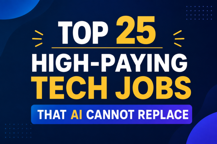 Top 25 high-paying tech jobs that AI cannot replace, including AI architects, machine learning engineers, cybersecurity experts, cloud engineers, and technology leaders. Discover salaries, required skills, career paths, growth opportunities, and the reasons these future-proof careers remain valuable despite rapid advances in artificial intelligence. AI-proof tech jobs, jobs AI cannot replace, tech jobs AI won't replace, future-proof technology careers, high-paying AI-resistant jobs, careers safe from AI, technology jobs with high salaries, best tech careers for the future, machine learning careers, cybersecurity careers, cloud engineering jobs, software architect careers, AI-proof careers, jobs safe from automation, technology careers with long-term growth.