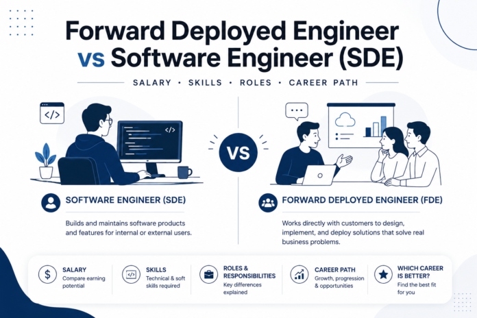Compare Forward Deployed Engineer vs Software Engineer (SDE) roles, salaries, skills, responsibilities, career growth, and job requirements. Learn the key differences between FDEs and software engineers, discover which career offers better opportunities, and find out which path aligns best with your skills and long-term goals. Forward Deployed Engineer vs Software Engineer, FDE vs SDE, Forward Deployed Engineer salary, Software Engineer salary, Forward Deployed Engineer skills, Software Engineer skills, FDE career path, SDE career path, Forward Deployed Engineer job description, Software Engineer responsibilities. Which is better Forward Deployed Engineer or Software Engineer, Forward Deployed Engineer roadmap, Software Engineer roadmap, FDE vs SWE comparison, Forward Deployed Engineer guide, Software Engineer career guide, tech career comparison, high-paying software careers, future-proof engineering careers.