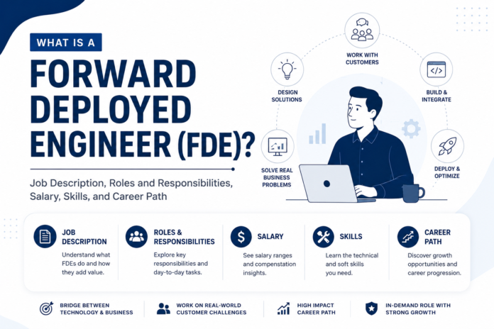 Learn what a Forward Deployed Engineer (FDE) does, including job responsibilities, required skills, salary expectations, career growth opportunities, and day-to-day work. Discover how Forward Deployed Engineers bridge the gap between software engineering, customer success, and solution delivery, and explore the complete career path to becoming an FDE. What is a Forward Deployed Engineer, Forward Deployed Engineer job description, Forward Deployed Engineer roles and responsibilities, Forward Deployed Engineer salary, Forward Deployed Engineer skills, Forward Deployed Engineer career path, FDE meaning, FDE job role, Forward Deployed Engineer guide. How to become a Forward Deployed Engineer, Forward Deployed Engineer roadmap, FDE requirements, Forward Deployed Engineer career guide, Forward Deployed Engineer day-to-day work, Forward Deployed Engineer responsibilities, complete guide to Forward Deployed Engineering, FDE skills and salary. Forward Deployed Engineer vs Software Engineer, Forward Deployed Engineer interview preparation, Forward Deployed Engineer career progression, high-paying tech careers, future-proof engineering roles, customer-facing engineering jobs, solution engineering careers, technology consulting careers.