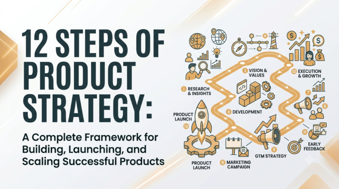 Learn the complete product strategy process with this step by step guide covering the 12 essential steps involved in product strategy, from market research and customer validation to product positioning, MVP development, go to market planning, and continuous improvement. Discover proven frameworks, examples, KPIs, and best practices used by successful product teams to build products that customers love and businesses can scale. Product strategy, product strategy framework, product strategy process, product management strategy, product strategy in management. 12 steps involved in product strategy, product strategy guide, product strategy examples, product strategy roadmap, product strategy planning and execution.