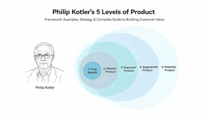 Philip Kotler's 5 Levels of Product with detailed explanations, real world examples, case studies, benefits, limitations, implementation framework, and best practices. Discover how businesses use Kotler's product model to create customer value and gain a competitive advantage. Philip Kotler's product strategy, Philip Kotler's five levels of product strategy, Philip Kotler's five levels of product marketing, Philip Kotler's five levels of marketing strategy.