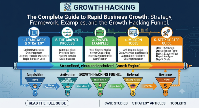 Learn everything about Growth Hacking in Digital Marketing with this complete guide covering growth hacking strategy, frameworks, examples, marketing funnel, AARRR model, implementation steps, tools, KPIs, and best practices. Discover how startups and global brands use growth hacking techniques to increase customer acquisition, retention, referrals, and revenue through data driven marketing and rapid experimentation.